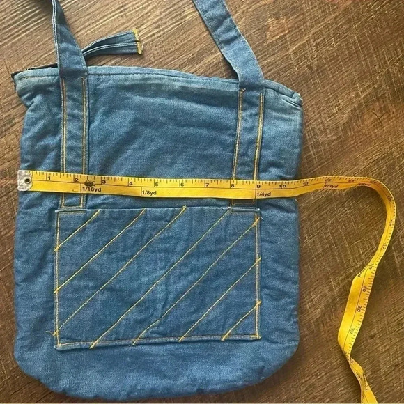 denim shoulder bag, jean tote bag artisan 70s style purse gold stitching boho - Picture 14 of 16